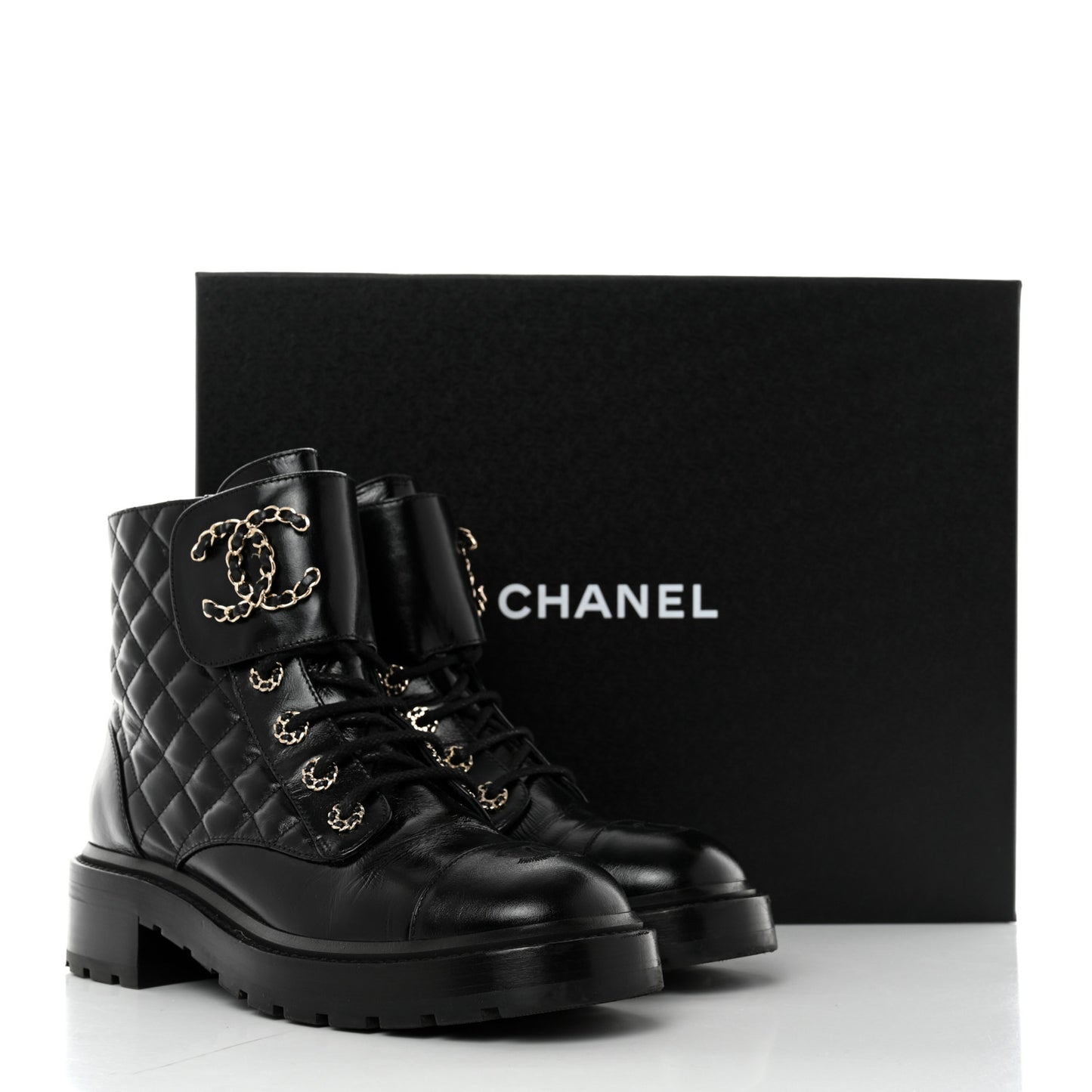 Shiny Calfskin Quilted Lace Up Combat Boots 39 Black