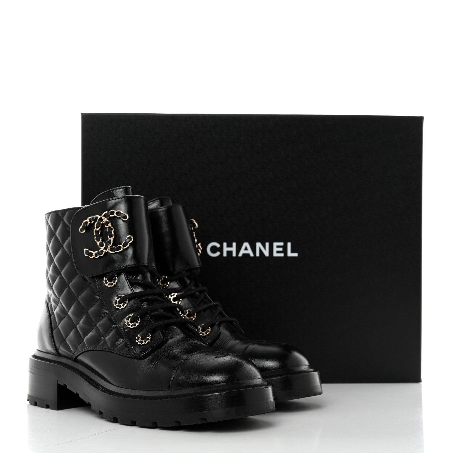 Chanel Shiny Calfskin Quilted Lace Up Combat Boots 39 Black 9 of 9