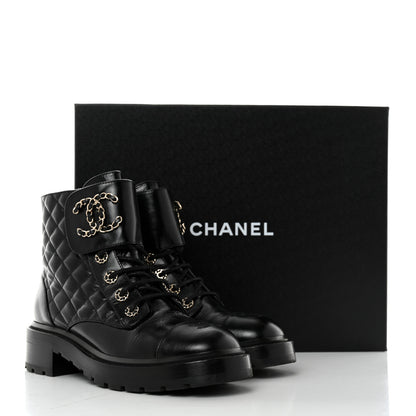 Chanel Shiny Calfskin Quilted Lace Up Combat Boots 39 Black 9 of 9
