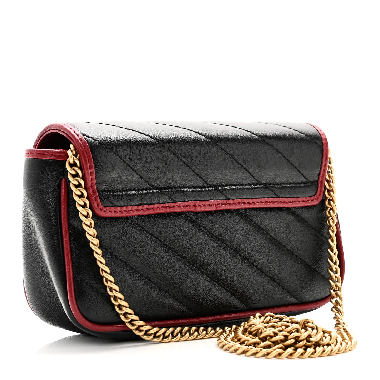 Vintage Effect Calfskin Matelasse Diagonal Super Mini Torchon GG Marmont Shoulder Bag Black Romantic Cherry