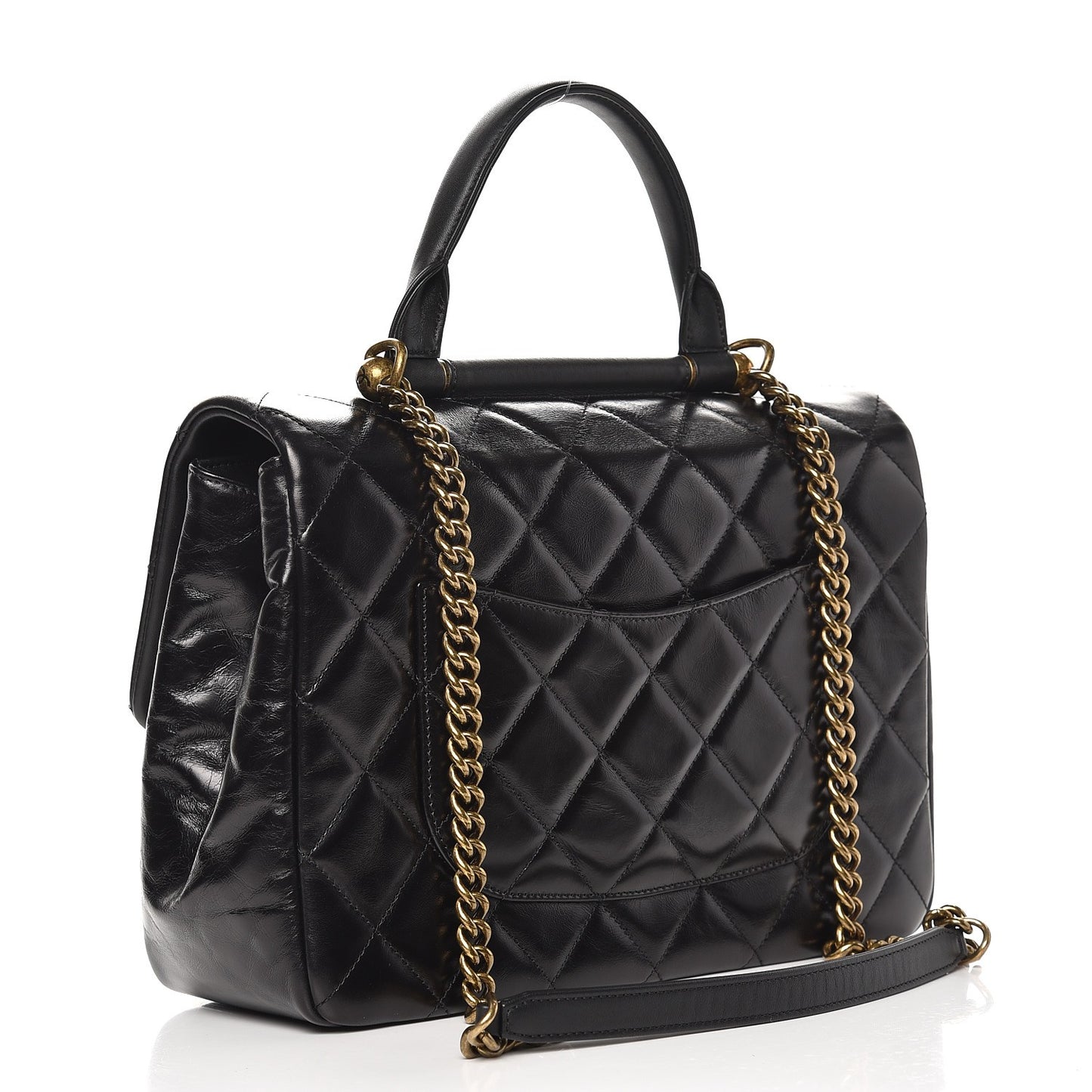 Calfskin Quilted Large Gold Bar Top Handle Flap Black