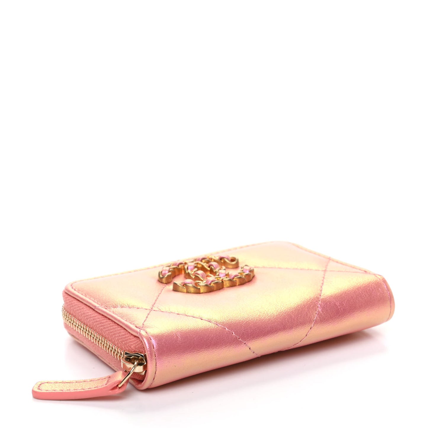 Iridescent Calfskin Quilted Chanel 19 Zip Around Coin Purse Wallet Pink
