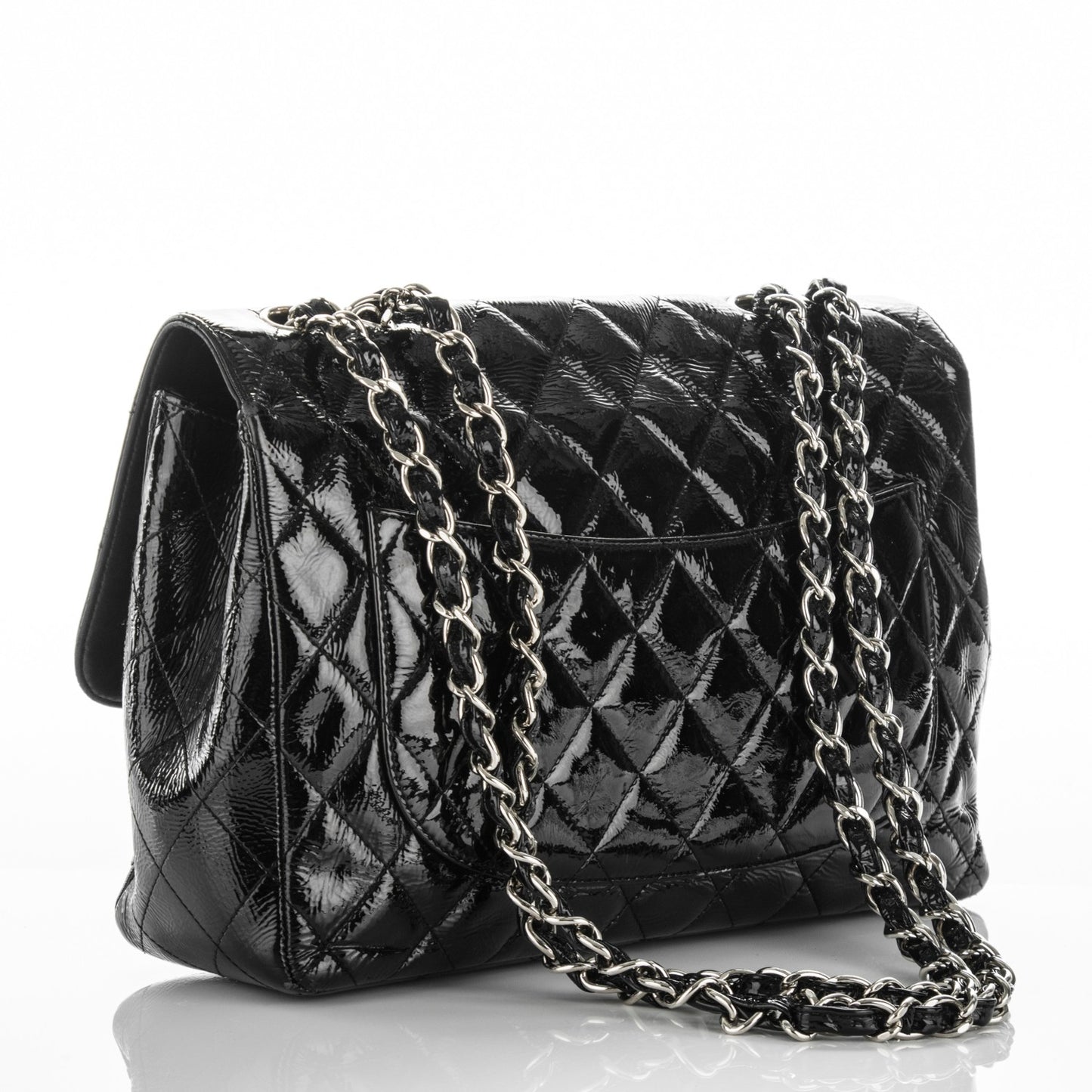 Distressed Patent Quilted Jumbo Single Flap Black