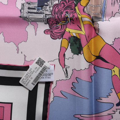 Hermes Silk La Legende Du Cheval A Plumes Scarf 90 Rose Pale Jaune Vif Turquoise 9 of 9