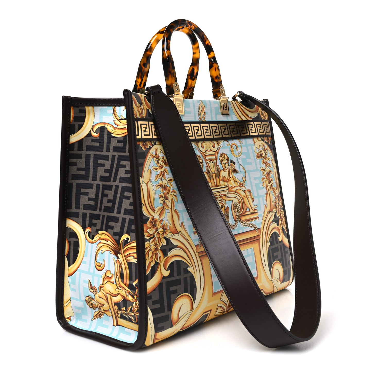 X VERSACE Calfskin Plexiglass Fendace FF Baroque Print Medium Fendi Sunshine Shopper Tote Gold Multicolor