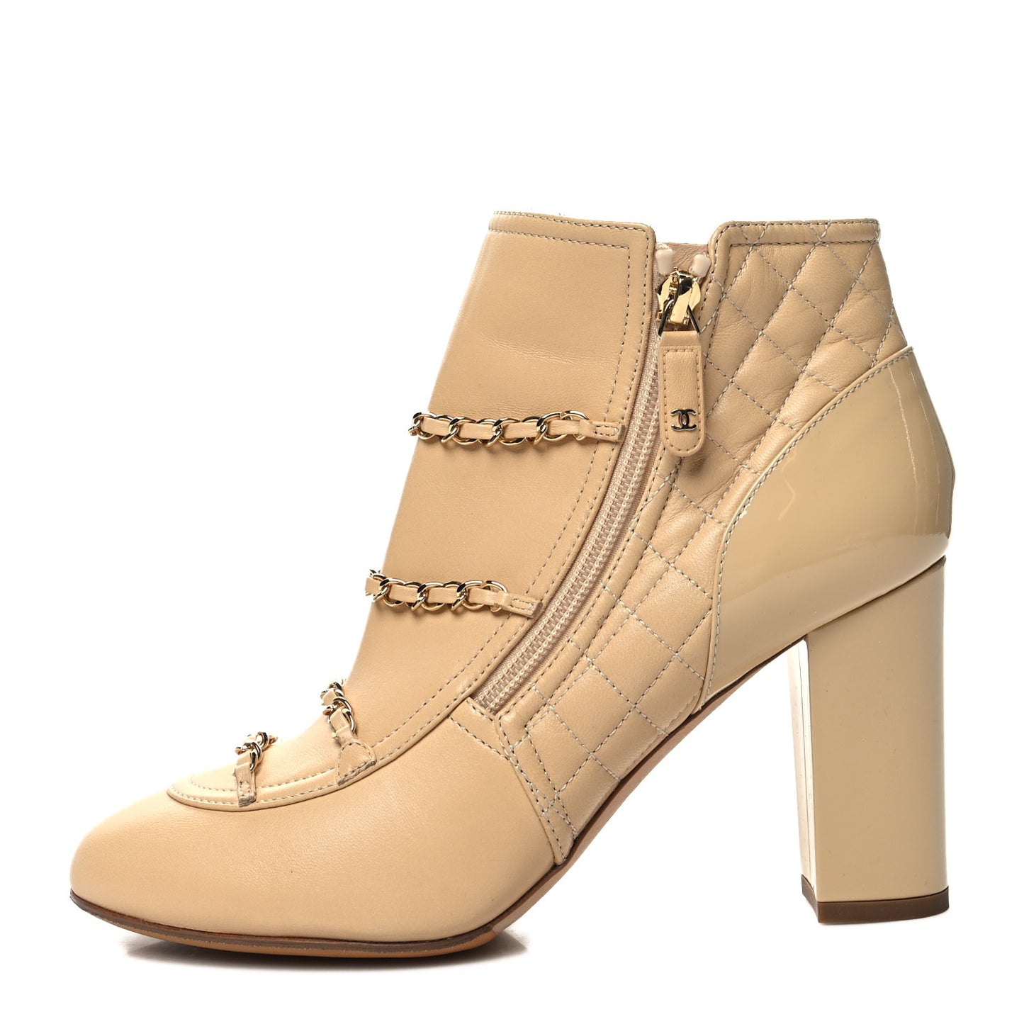 Crackled Calfskin Chain CC Short Boots 39.5 Beige