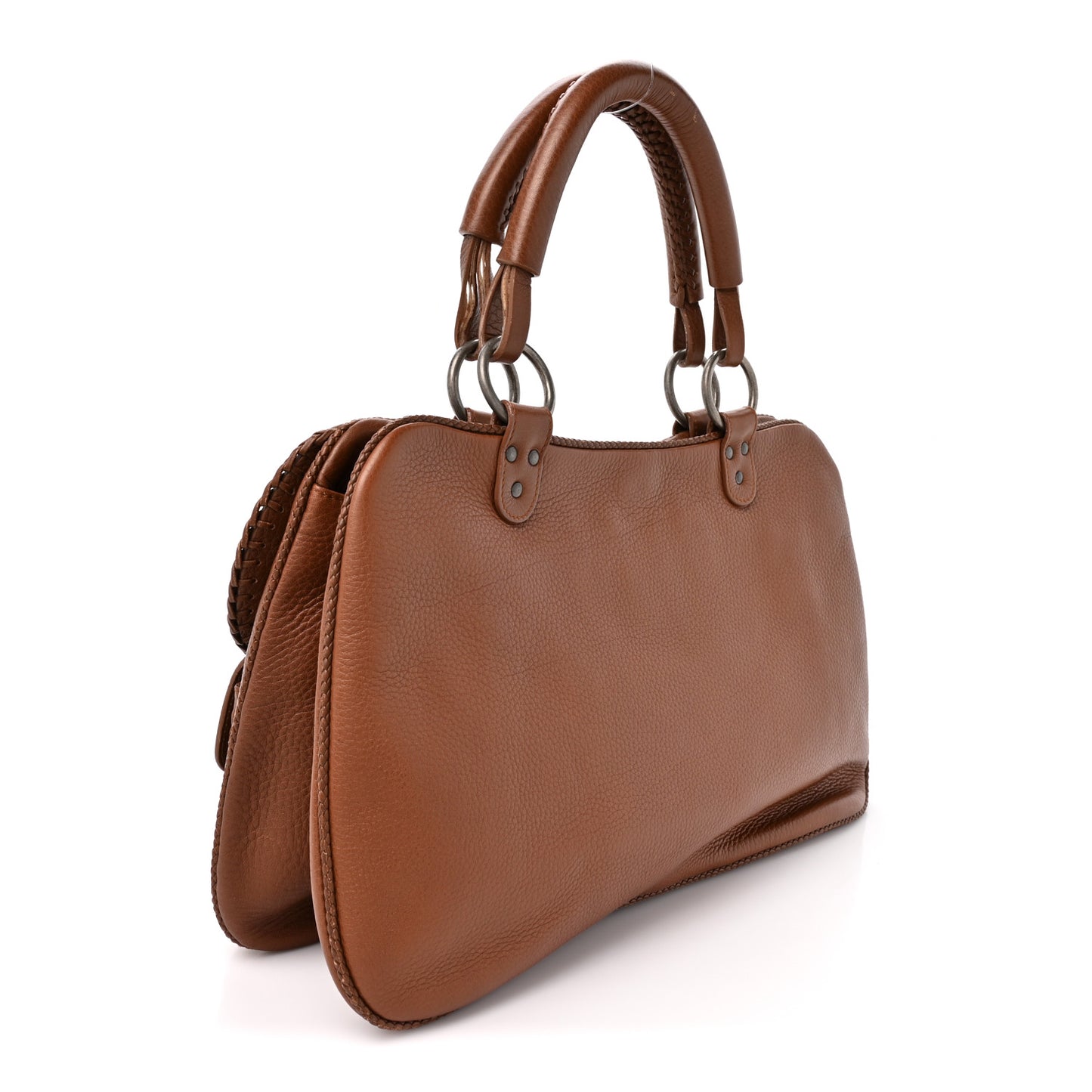 Pebbled Calfskin Braided Gaucho Saddle Handle Bag Brown