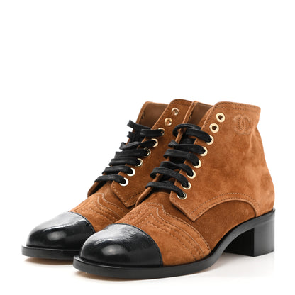 Chanel Suede Patent Cap Toe CC Boots 35.5 Beige Black 3 of 13