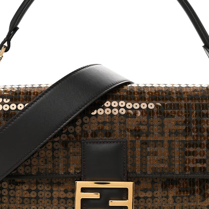 Fendi Fabric Jacquard Paillettes Vitello Seta FF 1974 Baguette Testa di Moro Real Ebano 8 of 12