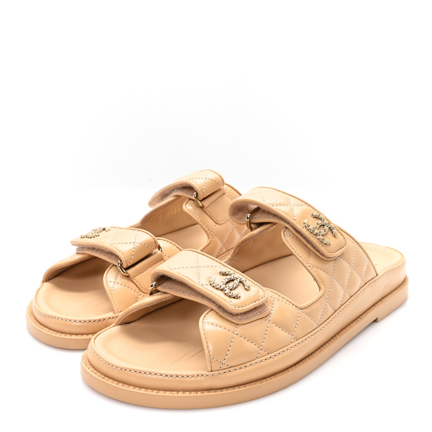 Chanel Lambskin Quilted Velcro Dad Chain CC Slide Sandals 40 Beige 4 of 9