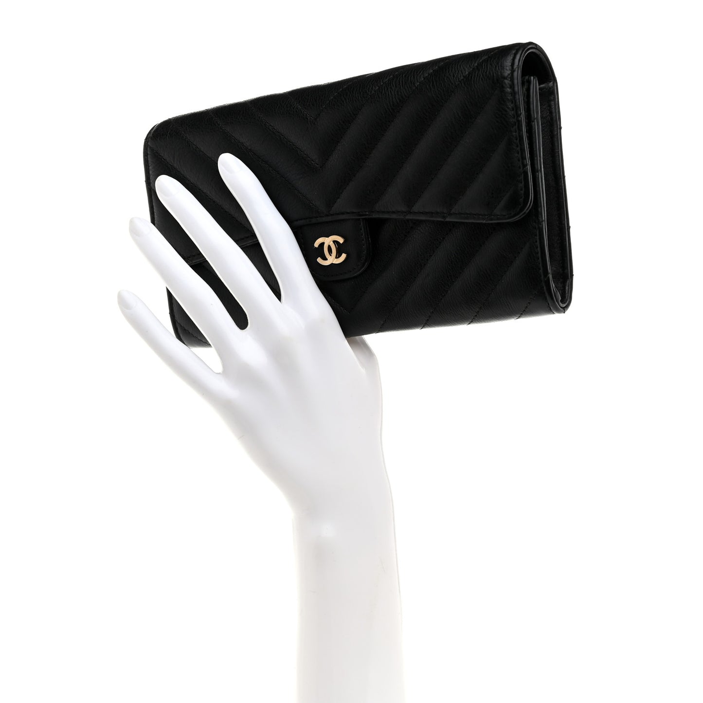 Lambskin Chevron Quilted Large Gusset Flap Wallet Black