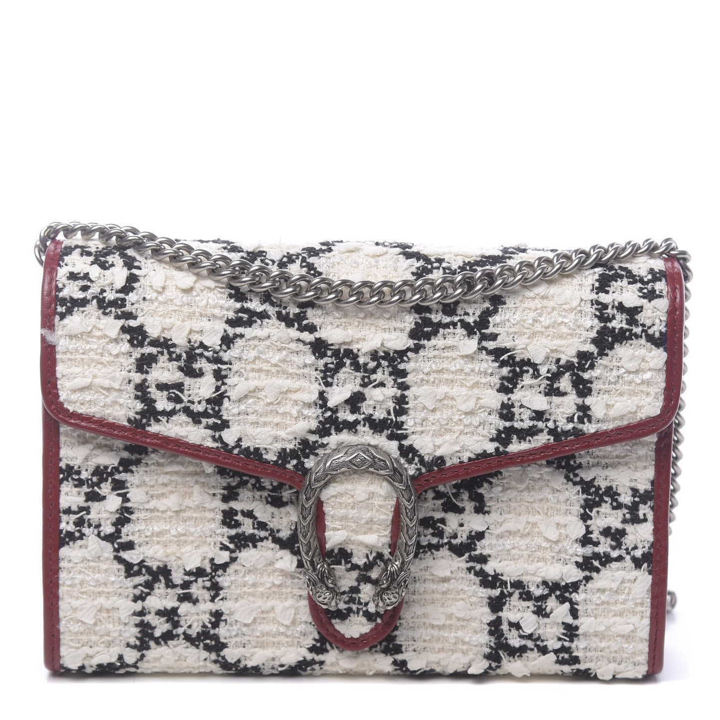 Tweed GG Monogram Mini Dionysus Chain Wallet White Black Romantic Cherry