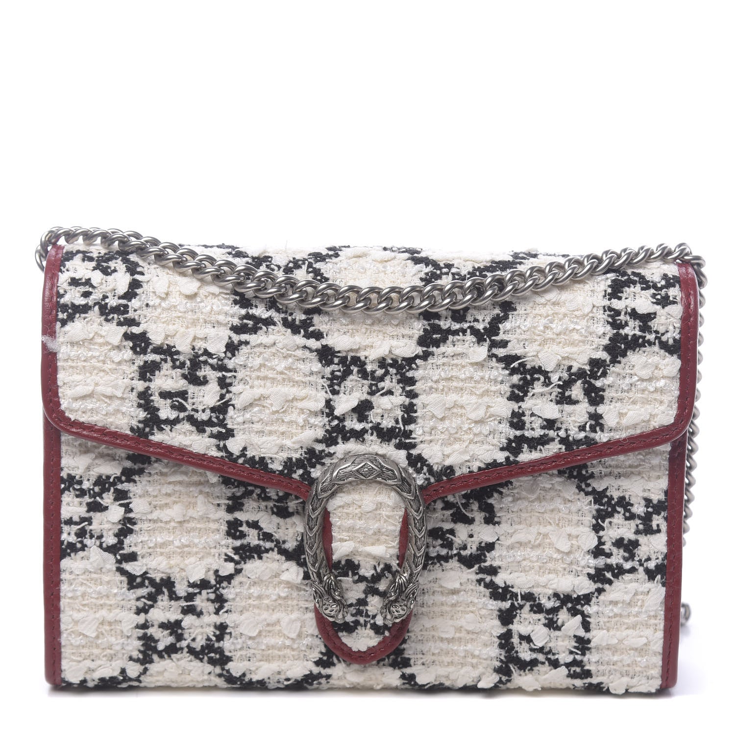 Gucci Tweed GG Monogram Mini Dionysus Chain Wallet White Black Romantic Cherry 1 of 10