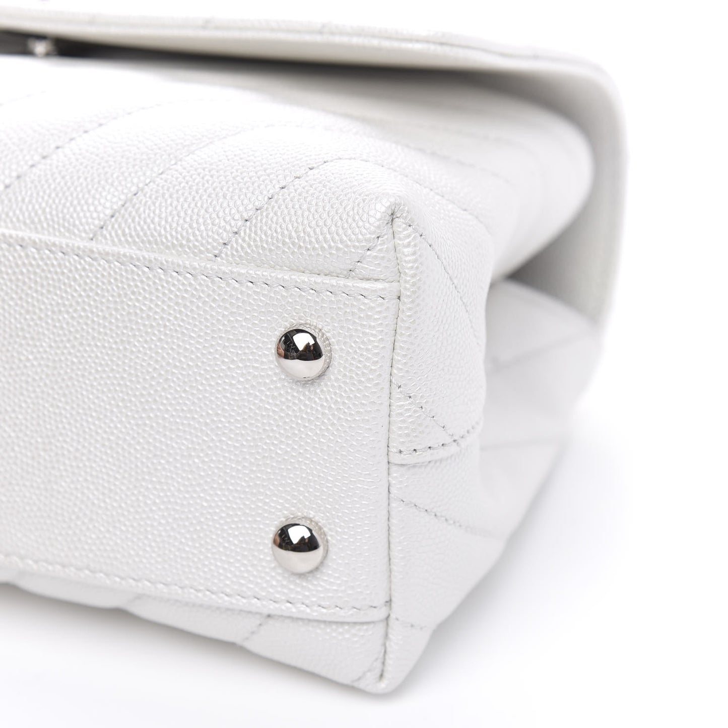 Iridescent Caviar Chevron Quilted Mini Coco Handle Flap White