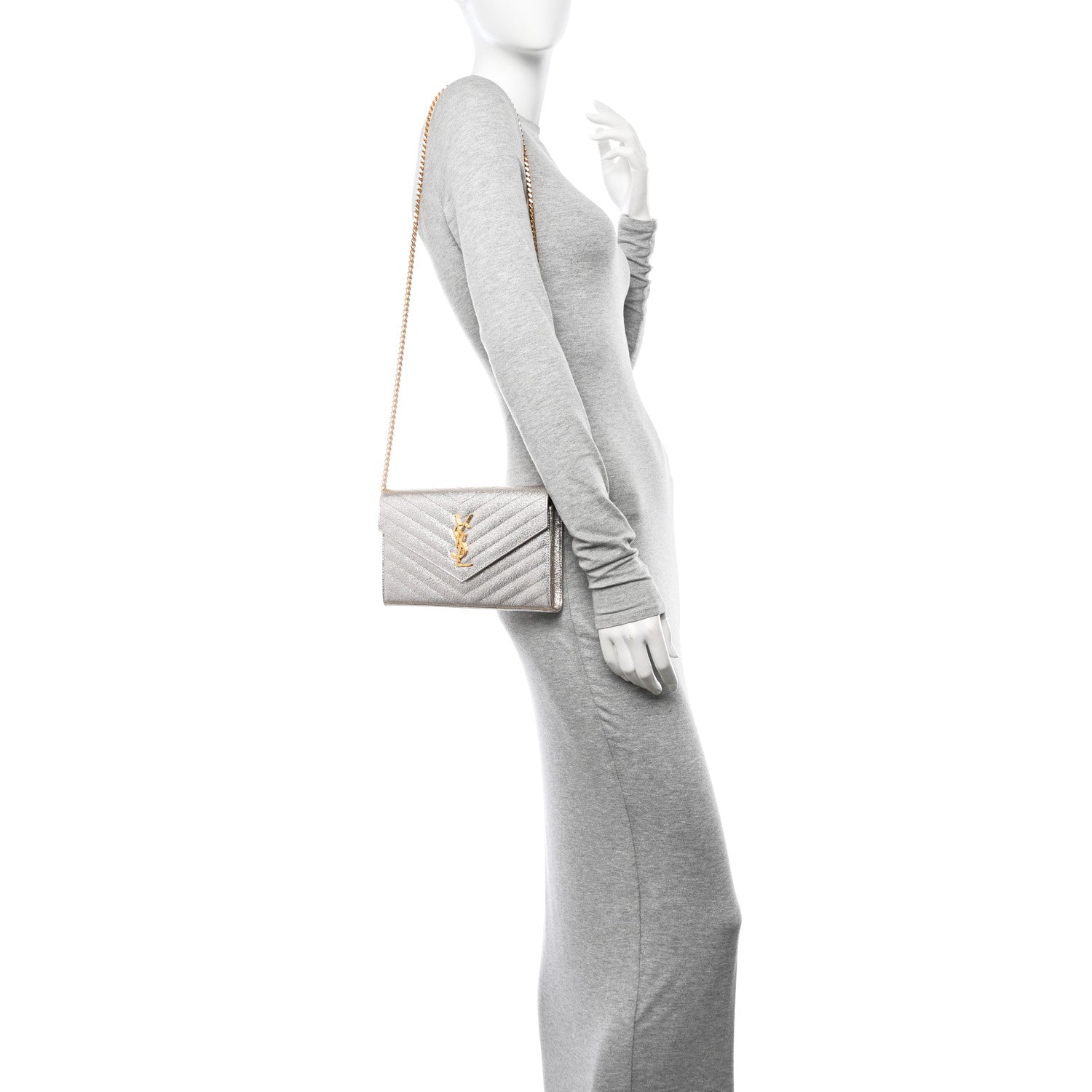 Saint Laurent Metallic Grain De Poudre Matelasse Chevron Monogram Chain Wallet Gold 2 of 11