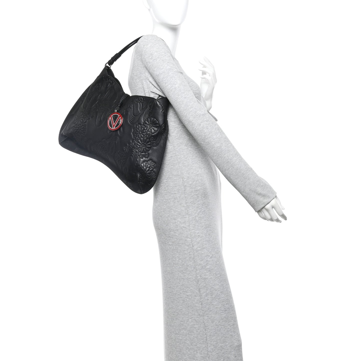 Calfskin Embossed Floral Shoulder Bag Black