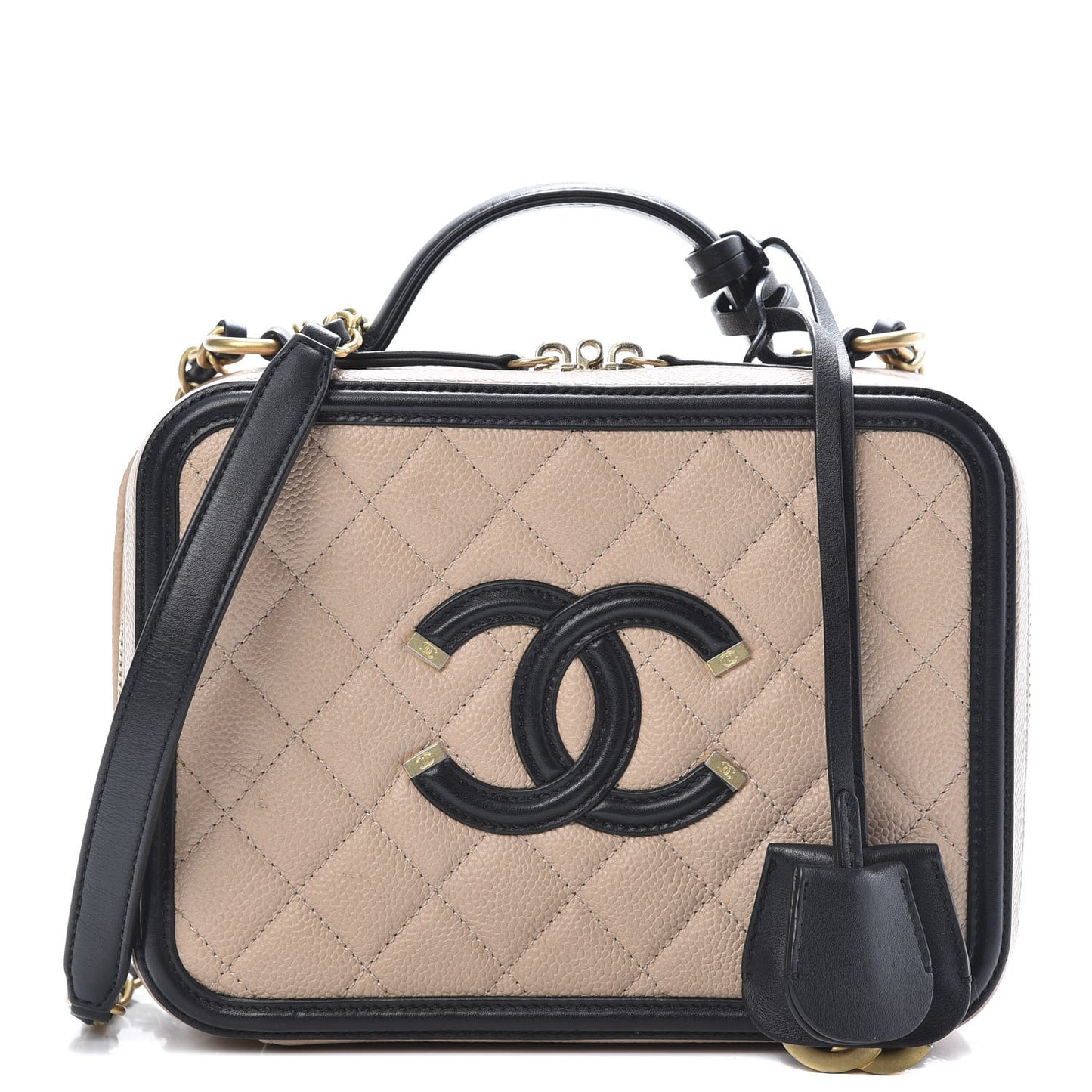 Caviar Quilted Medium CC Filigree Vanity Case Beige Black