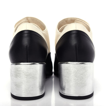 Chanel Metallic Lambskin Patent Pearl Cap Toe Lace Up Oxfords 38 Black Beige Silver 7 of 11