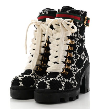 Gucci Tweed GG Monogram Lace Up Combat Ankle Boots 36.5 Black 3 of 8