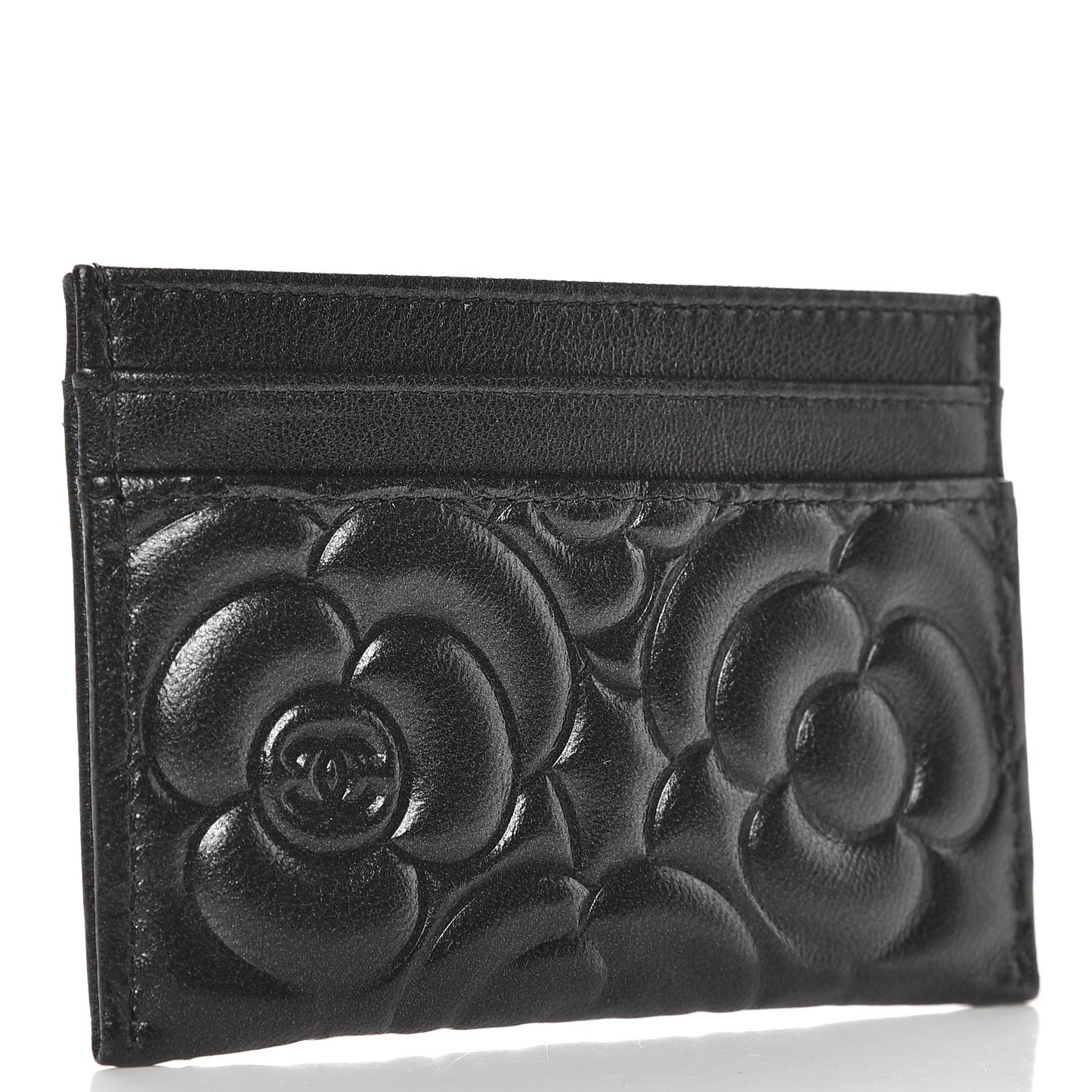 Lambskin Camellia Embossed Card Holder Black