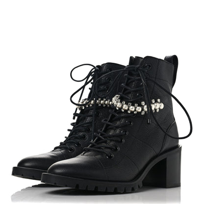 Jimmy Choo Grained Goatskin Pearl Crystal Embellished Cruz Combat Boots 36.5 Black 3 of 9