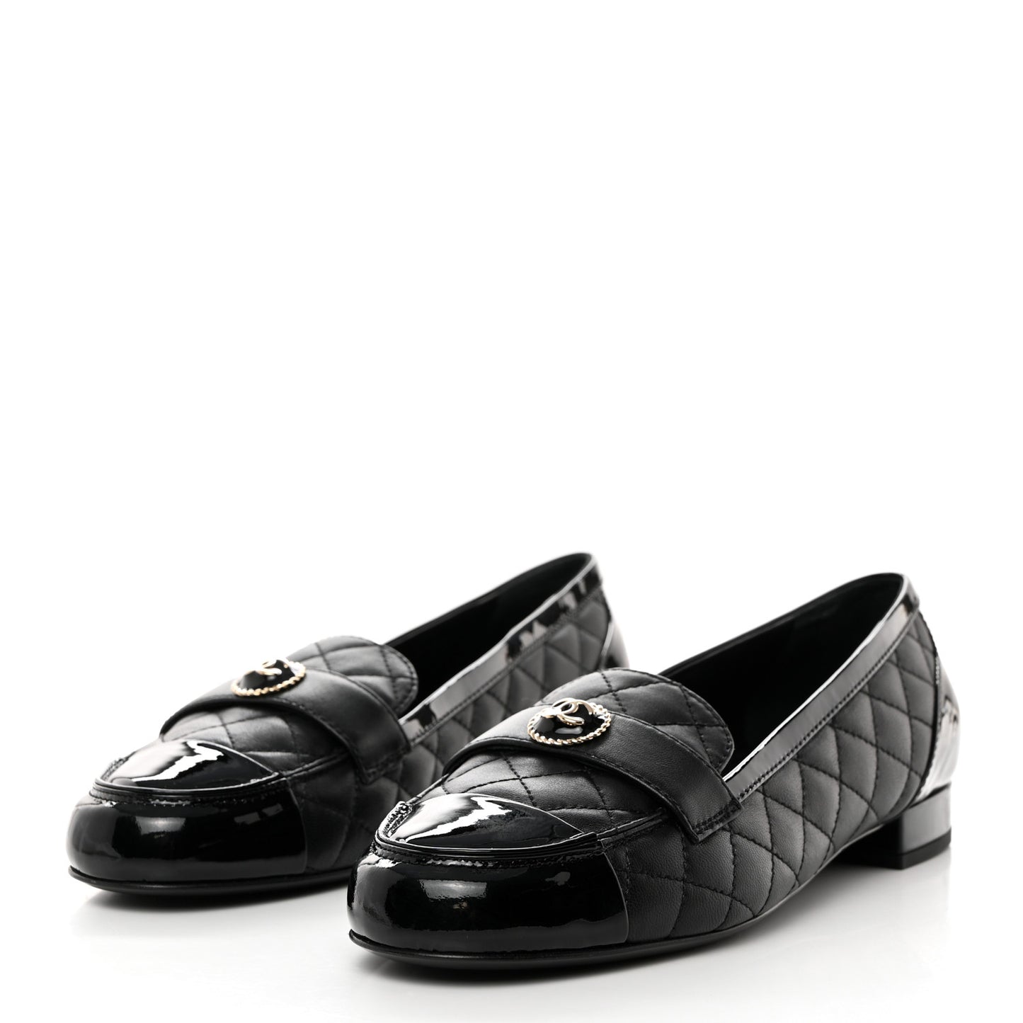 Lambskin Quilted Patent Calfskin Cap Toe CC Loafers 40 Black