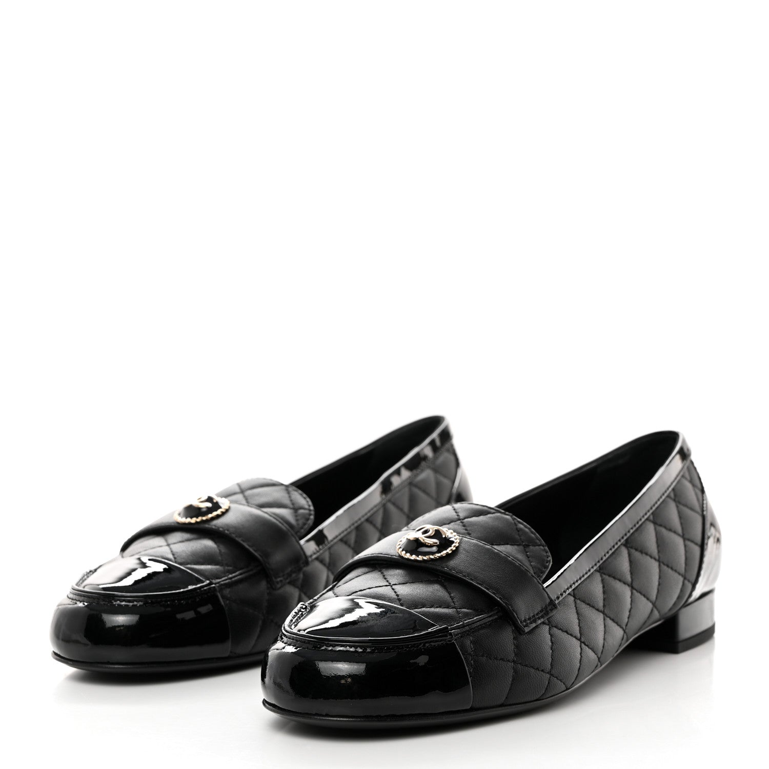 Chanel Lambskin Quilted Patent Calfskin Cap Toe CC Loafers 40 Black 3 of 9
