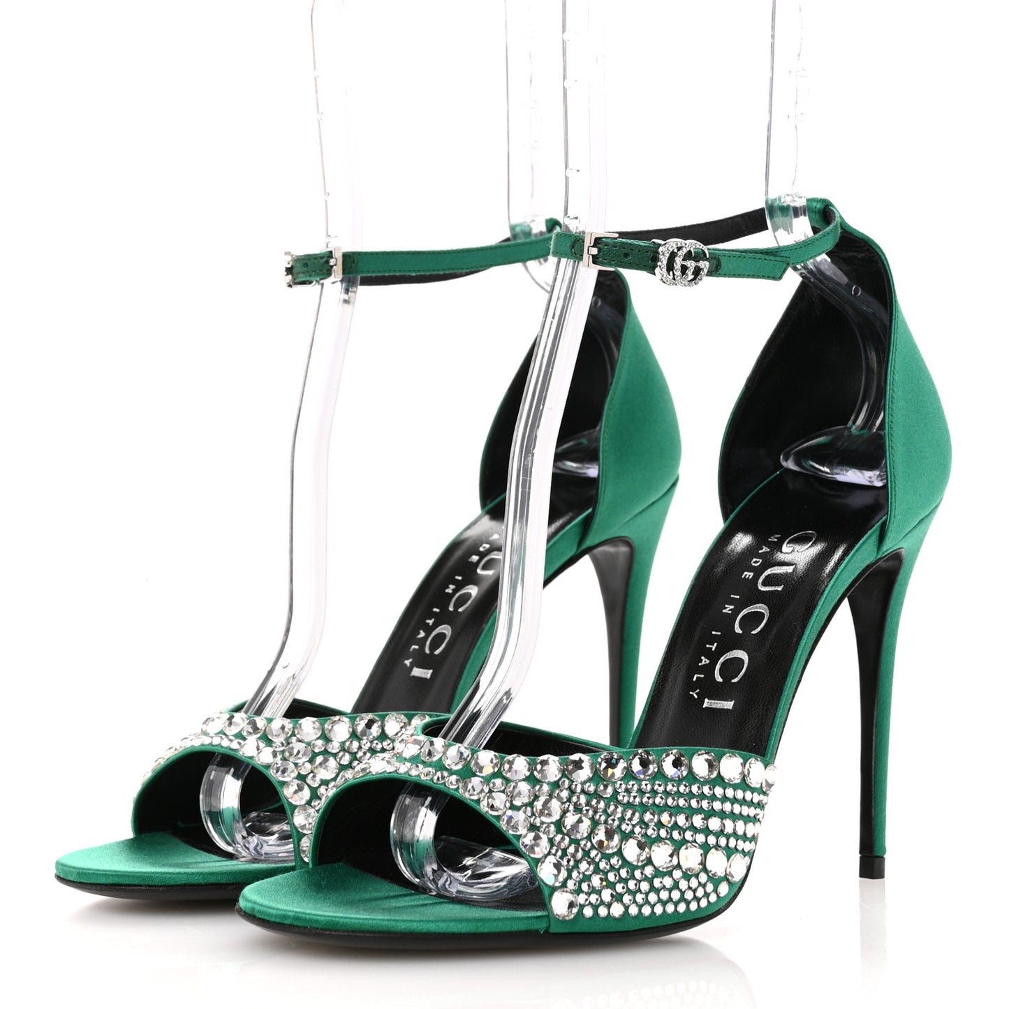 Satin Crystal Ankle Strap Sandal Pumps 39.5 Emerald
