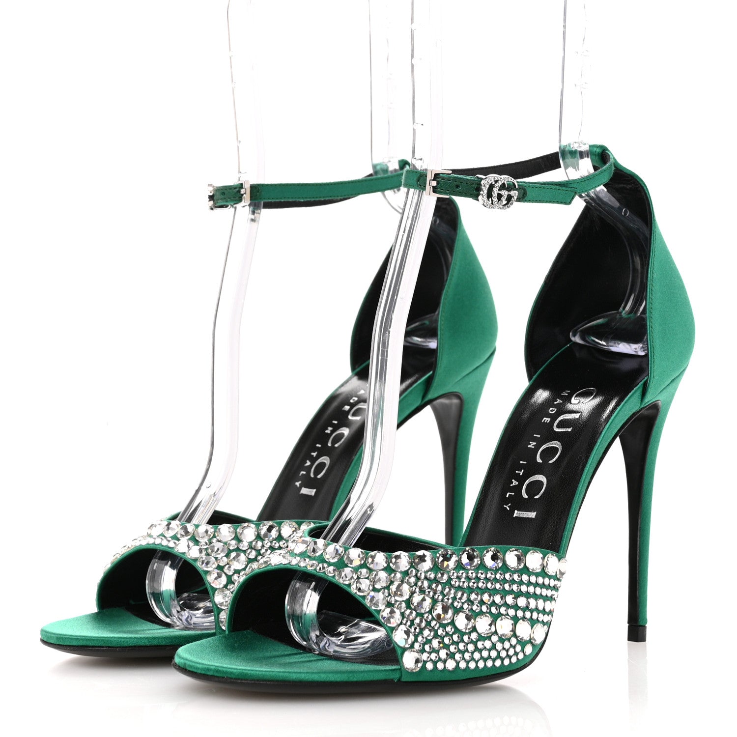 Gucci Satin Crystal Ankle Strap Sandal Pumps 39.5 Emerald 4 of 9