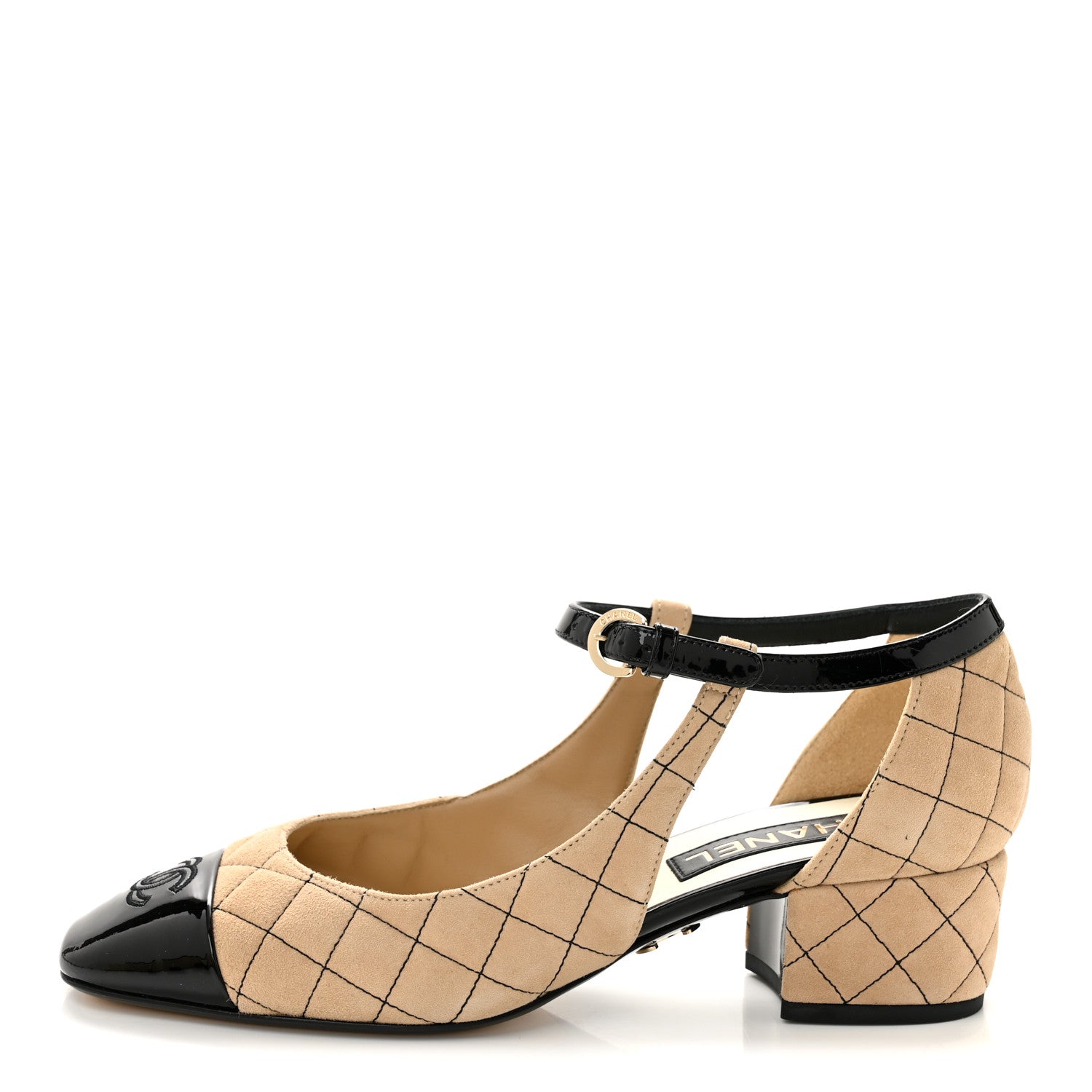 Chanel Suede Kidskin Patent Cap Toe Quilted Mary Jane Flats 40 Beige Black 1 of 10