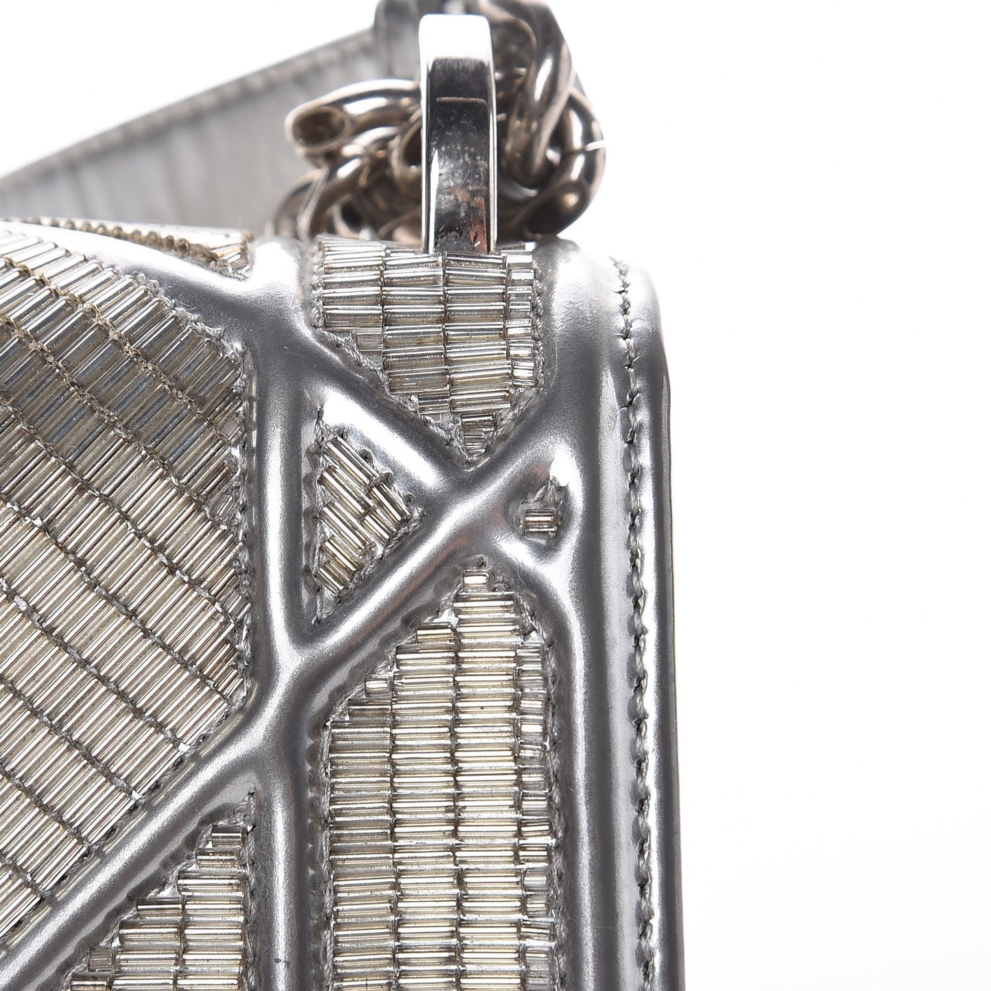 Metallic Calfskin Beaded Small Diorama Flap Bag Silver