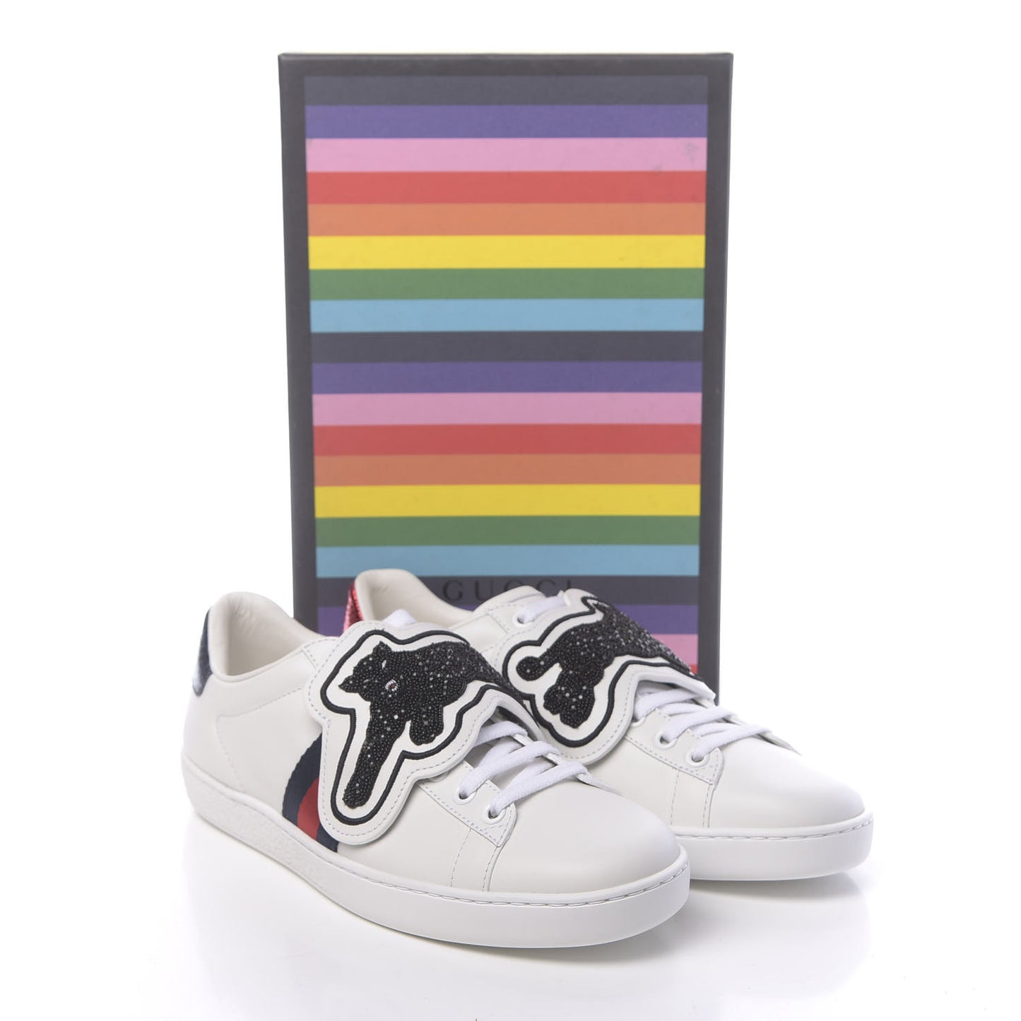 Calfskin Ayers Crystal Panther Embroidered Womens Ace Sneakers 38 White
