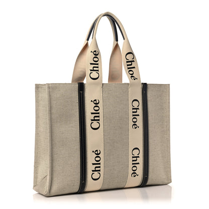 Chloe Cotton Calfskin Large Woody Ribbon Tote White Blue 3 of 12