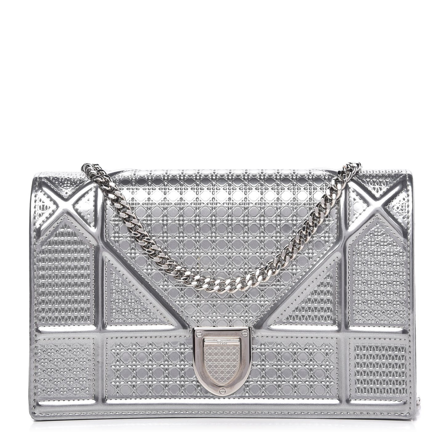 Metallic Patent Micro-Cannage Diorama Wallet on Chain Pouch Silver