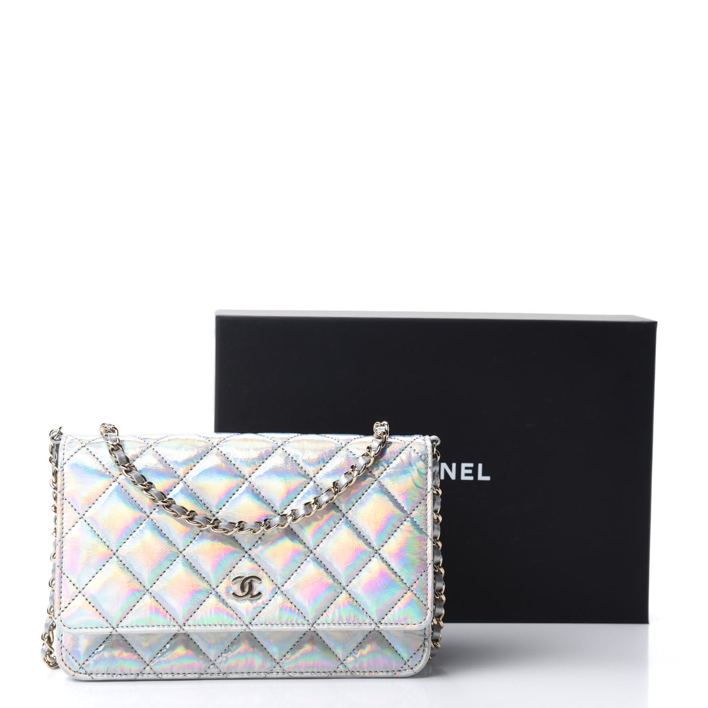 Iridescent Goatskin Quilted Wallet On Chain WOC Silver