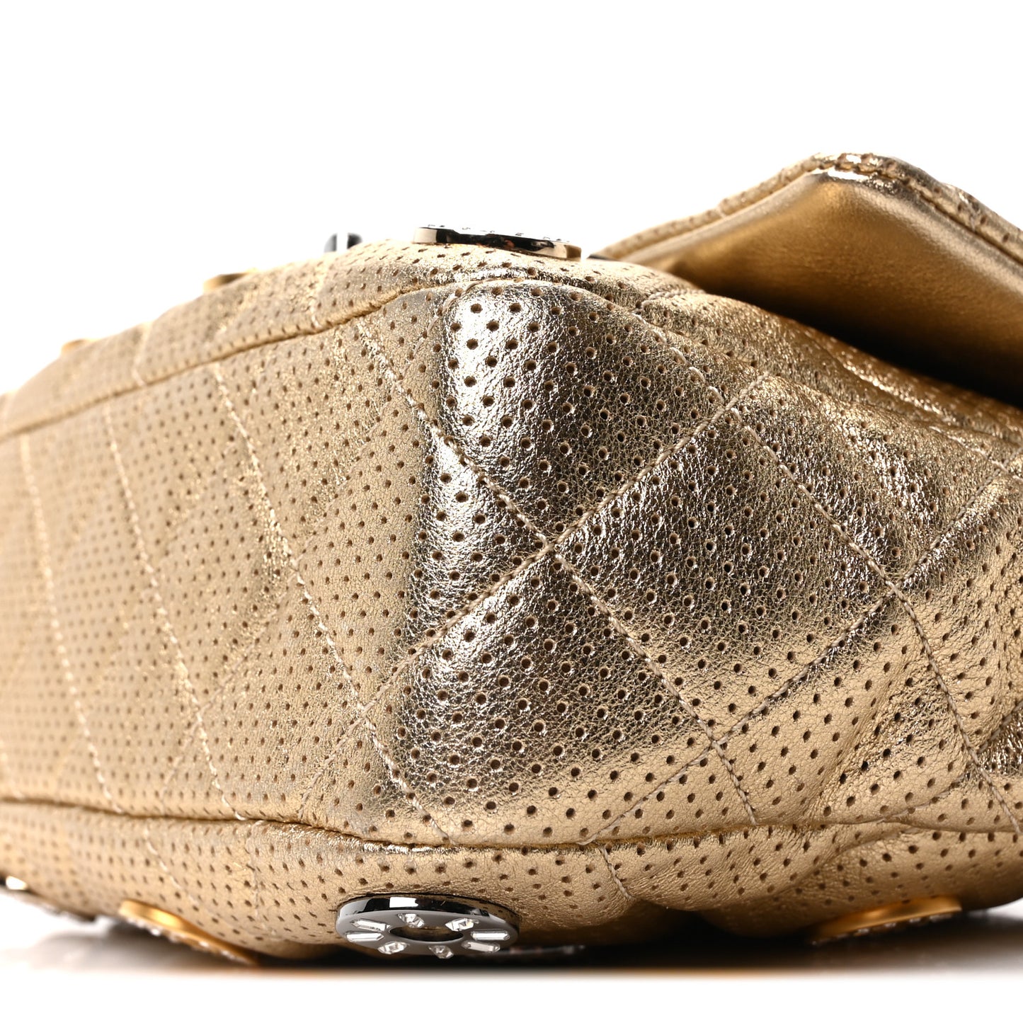 Perforated Metallic Lambskin Small CC Medals Flap Gold