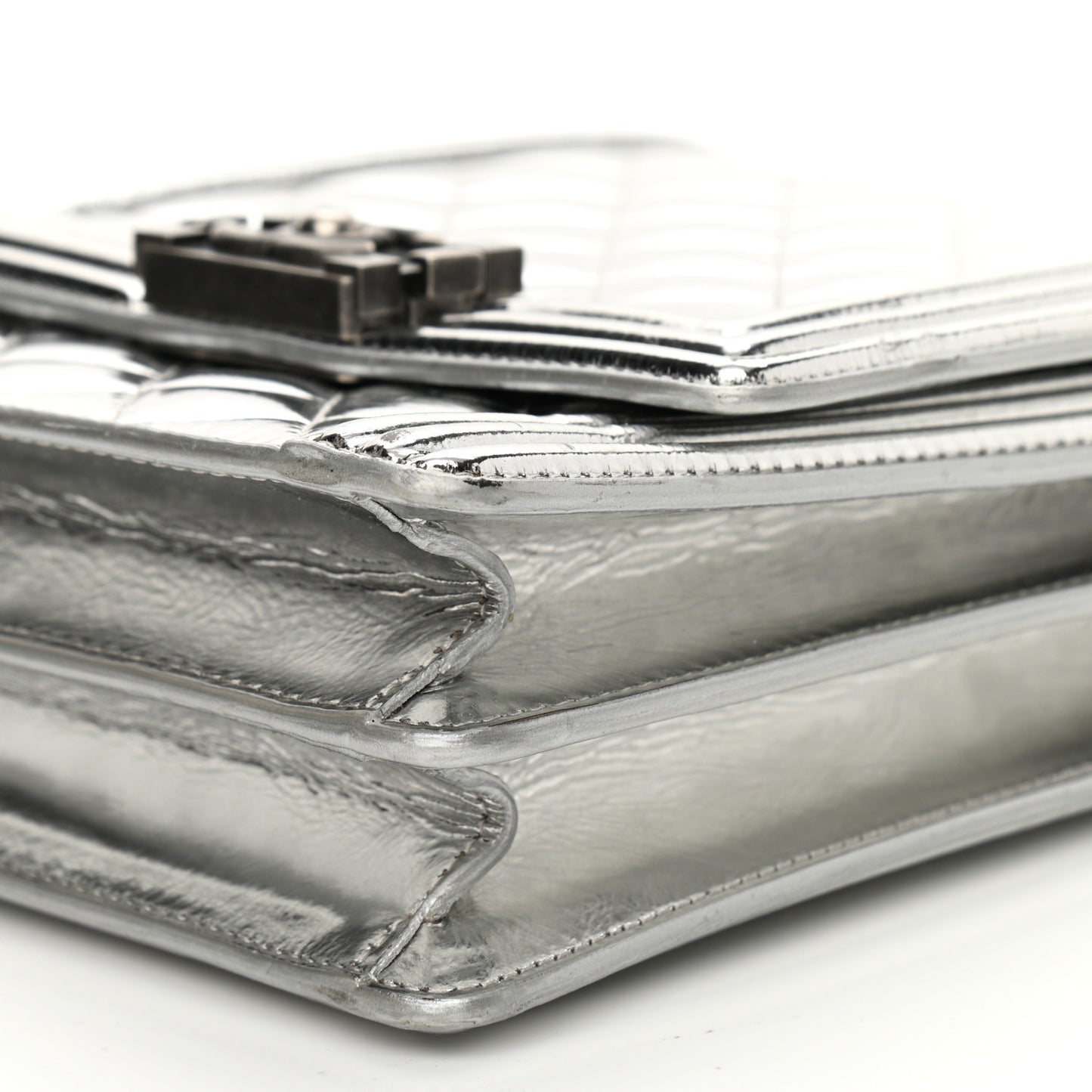 Metallic Goatskin Quilted North South Boy Flap Silver