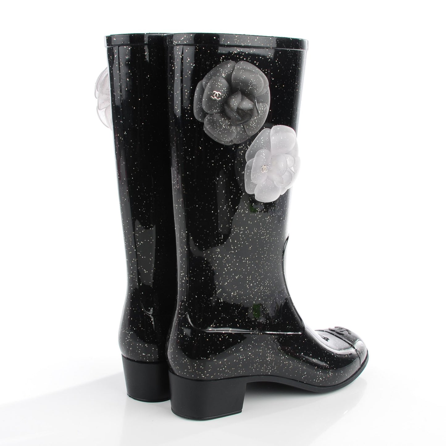 Rubber Glitter Camellia Rain Boots 36 Black