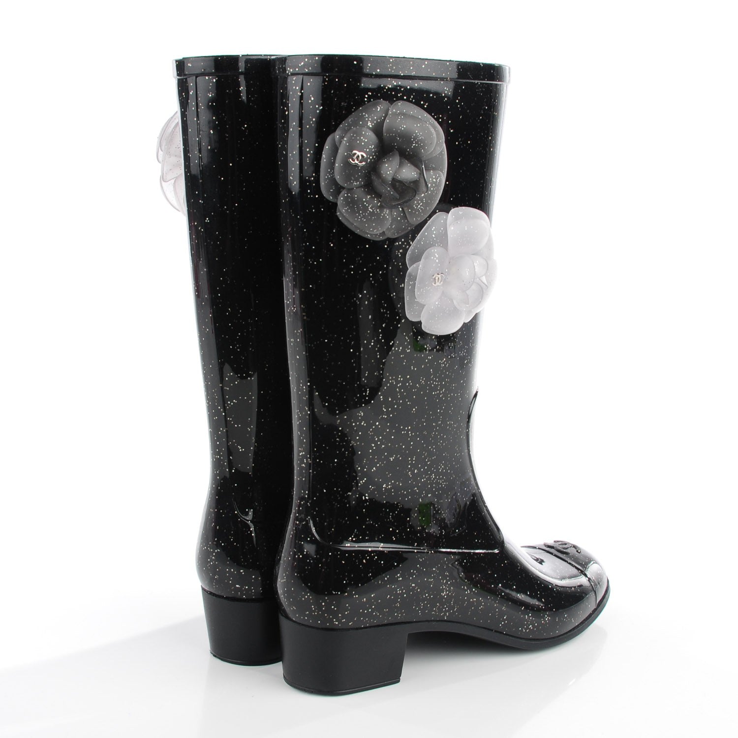 Chanel Rubber Glitter Camellia Rain Boots 36 Black 4 of 7