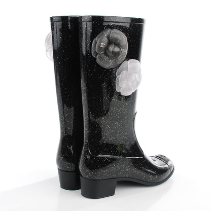 Chanel Rubber Glitter Camellia Rain Boots 36 Black 4 of 7