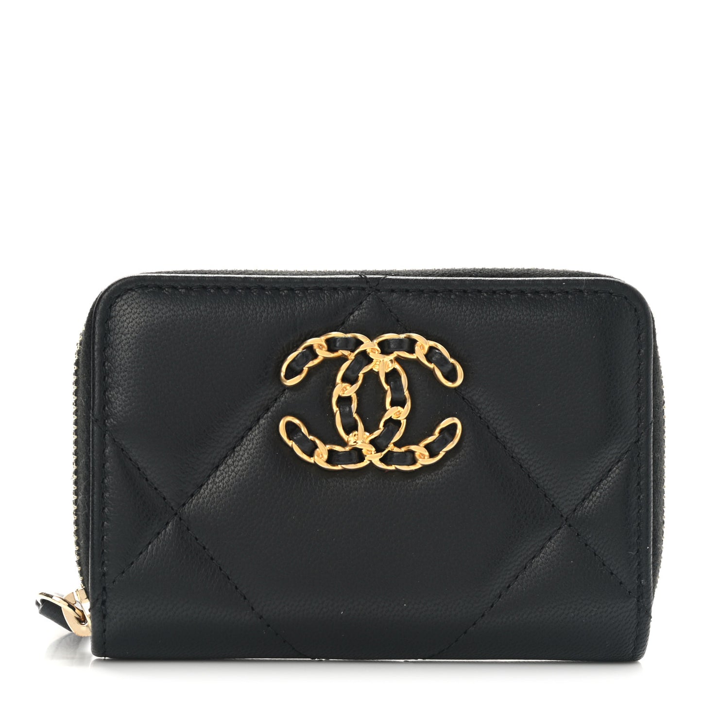 Goatskin Quilted Chanel 19 Zip Around Coin Purse Wallet Black