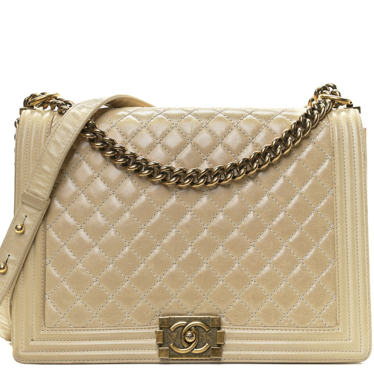 Glazed Calfskin Quilted Large Boy Flap Beige