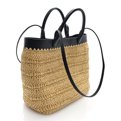 Prada Yarn Raffia Effect Calfskin Crochet Embroidered Medium Logo Tote  Tan Black 3 of 9
