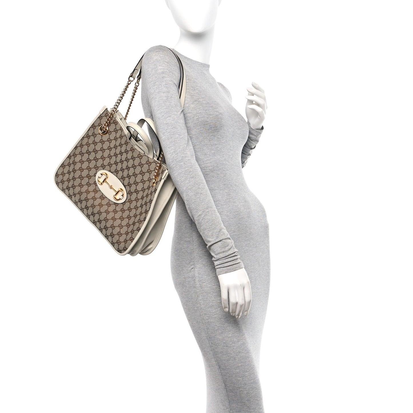 Monogram Calfskin Medium Horsebit 1955 Tote Bag Beige Mystic White