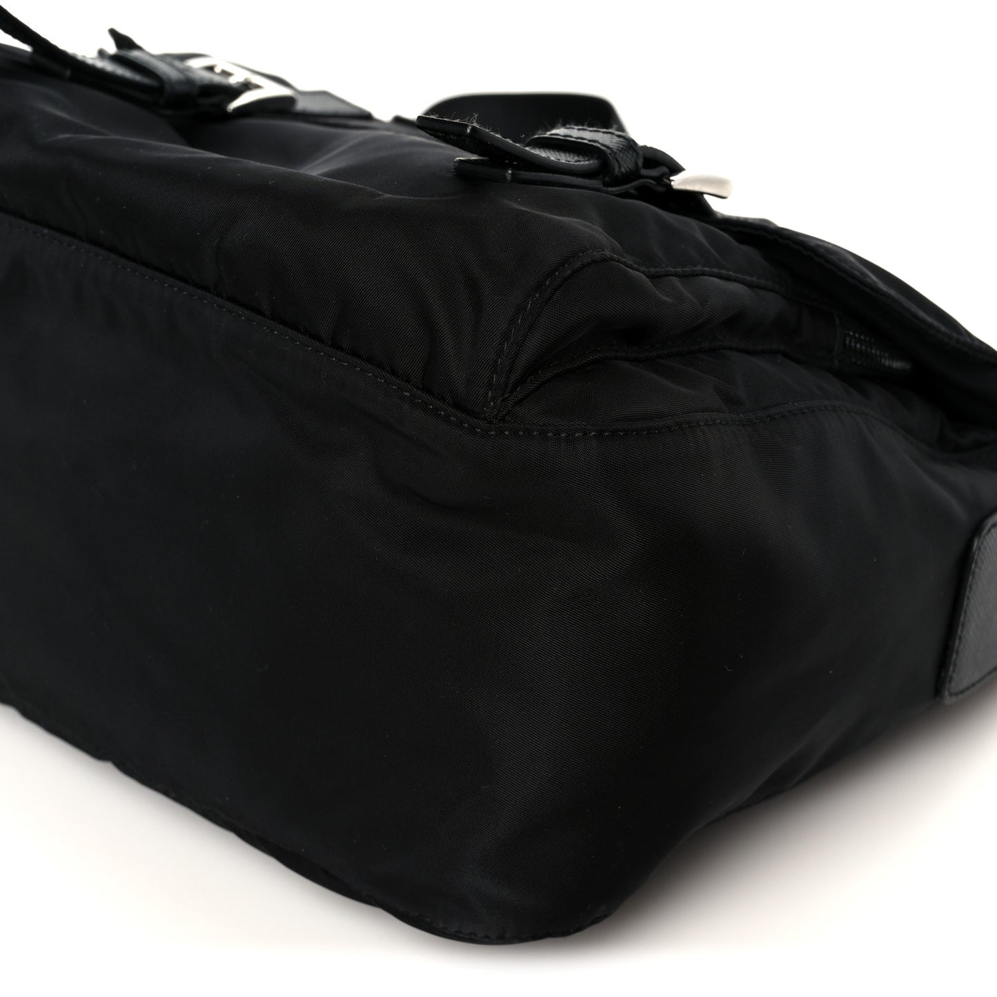 Re-Nylon Vela Saffiano Pocket Double Buckle Messenger Shoulder Bag Black