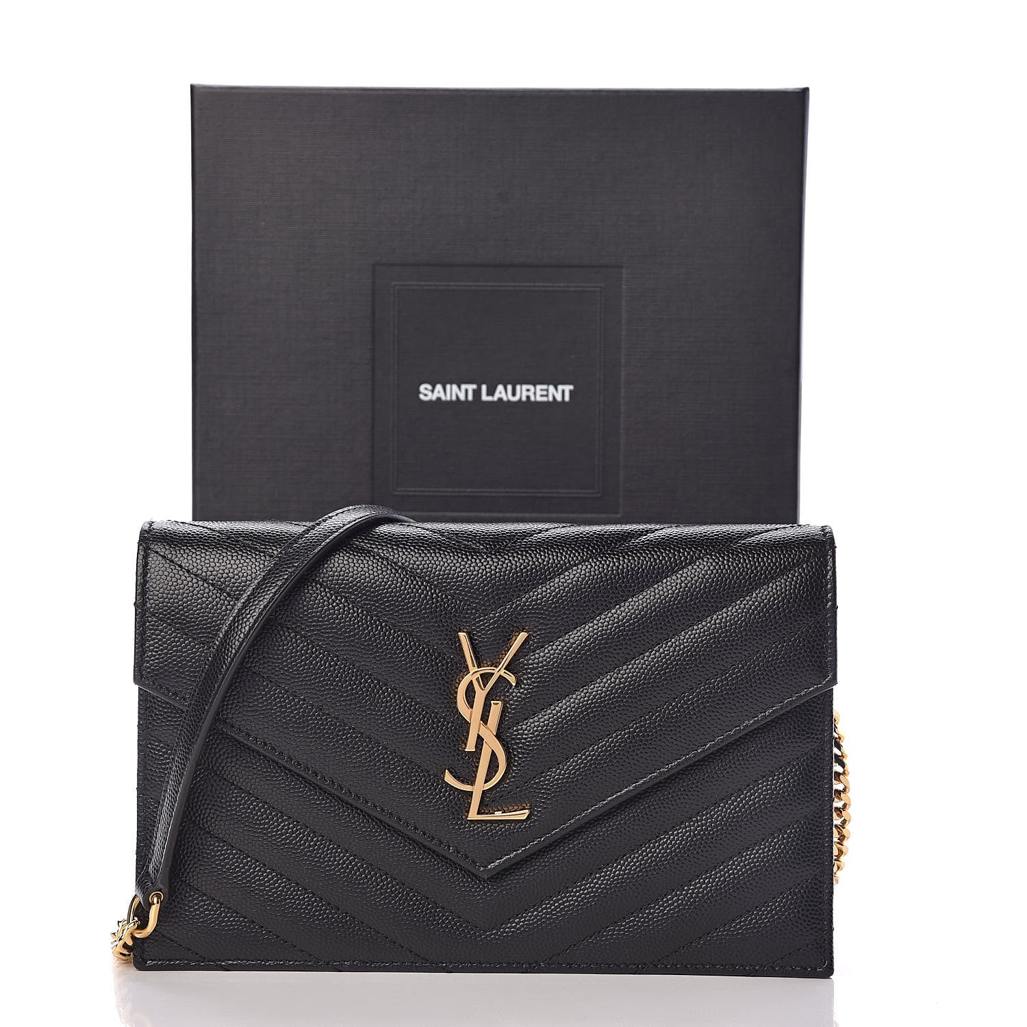 Saint Laurent Grain De Poudre Matelasse Chevron Monogram Envelope Chain Wallet Black 12 of 12