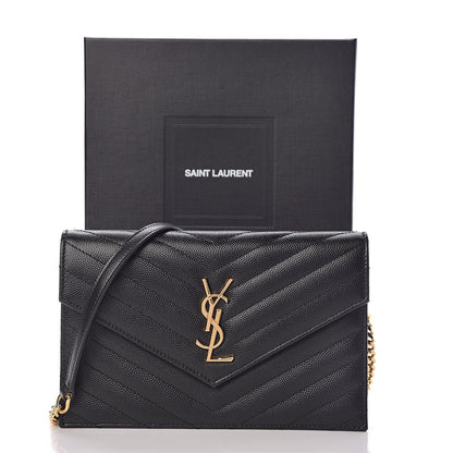 Saint Laurent Grain De Poudre Matelasse Chevron Monogram Envelope Chain Wallet Black 12 of 12