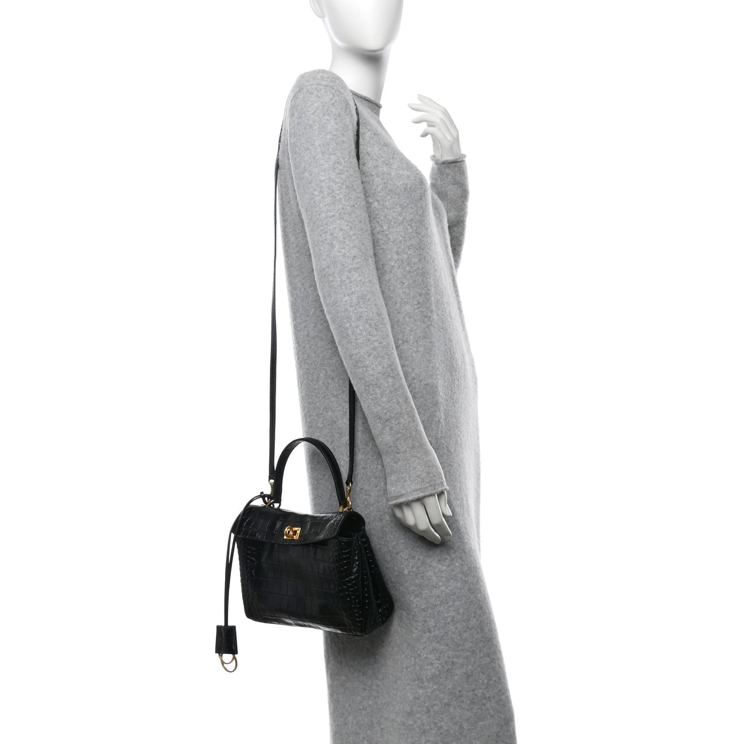 Shiny Calfskin Crocodile Embossed Mini Rodeo Top Handle Handbag Black