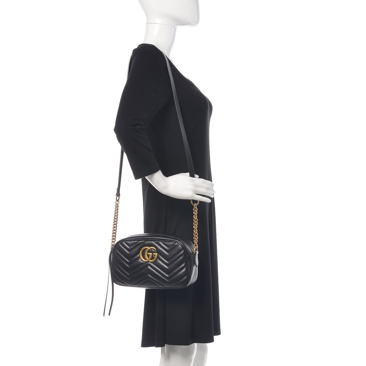 Gucci Calfskin Matelasse Small GG Marmont Chain Shoulder Bag Black 2 of 12