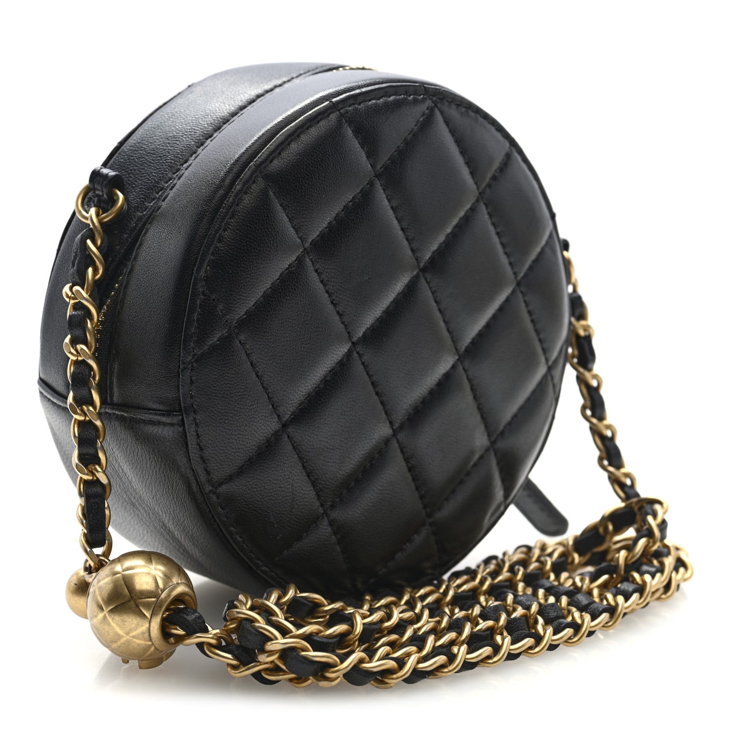 Lambskin Quilted Round Pearl Crush Clutch With Chain Black